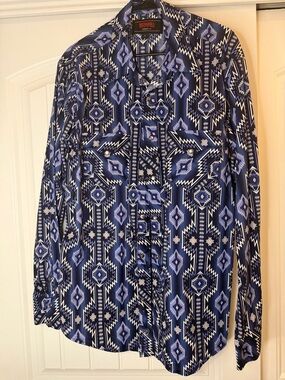 Rock & Roll Denim Blue Geometric Print Button-Down Shirt